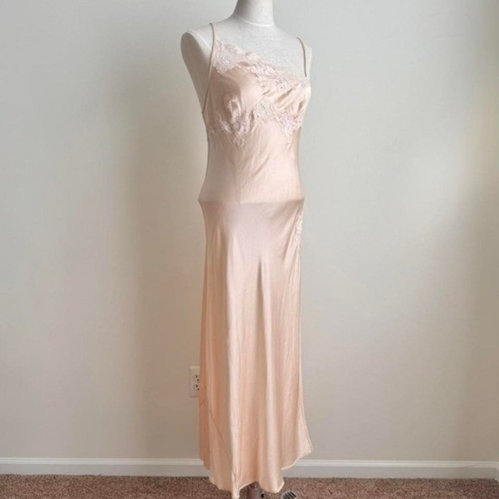 Vintage 2001 Victoria's Secret 100% Silk Slip Pink Small Lace Asymmetric Maxi